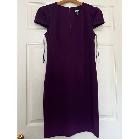 DKNY V-Neck Cap Sleeve Sheath Dress in Raspberry. - Picture 8 of 11